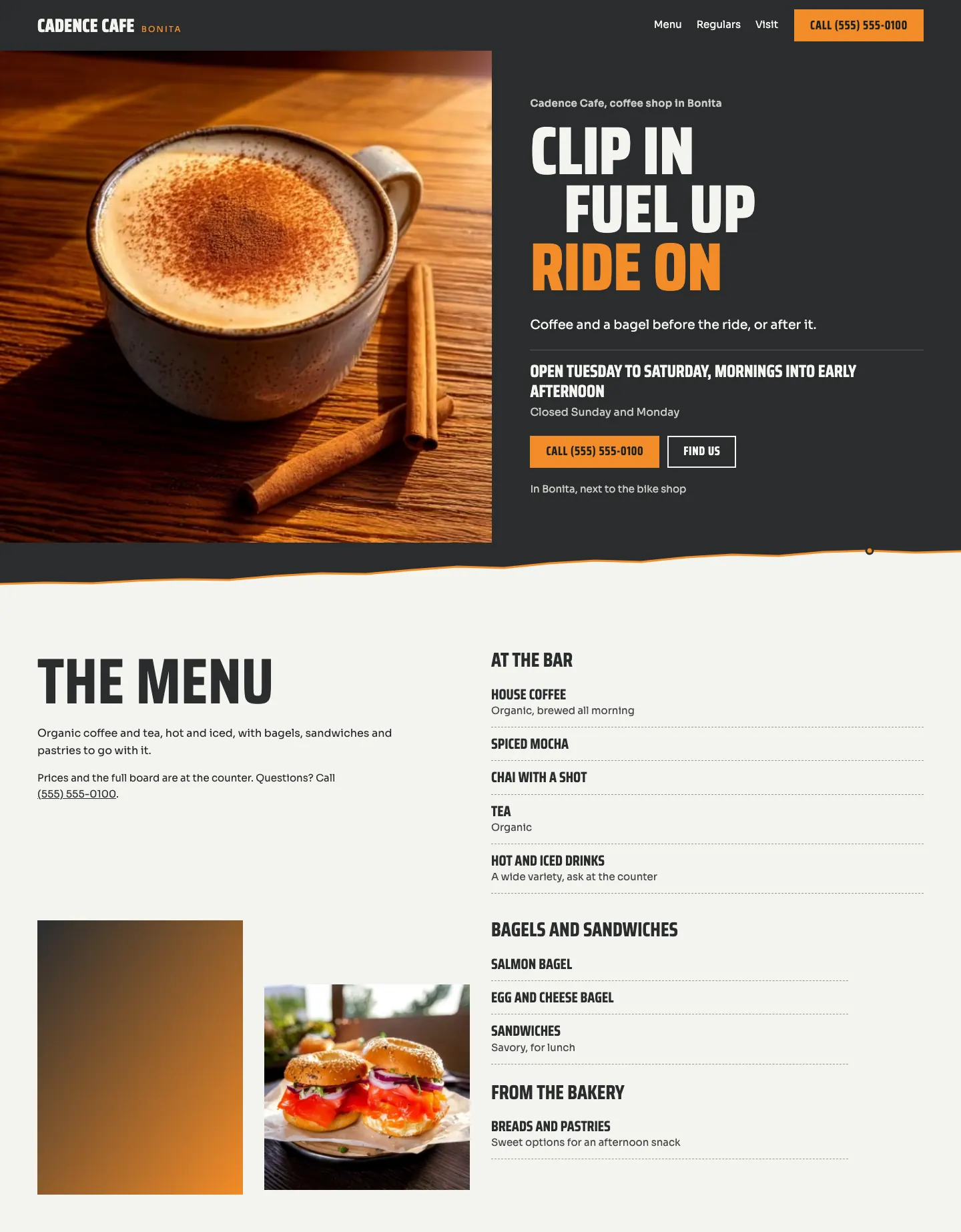 Full homepage of the cafe concept at desktop width