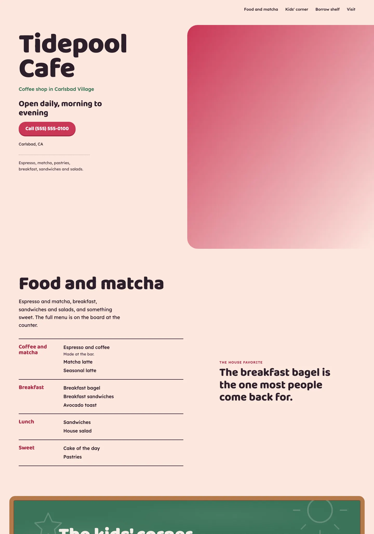 Full homepage of the family cafe concept at desktop width