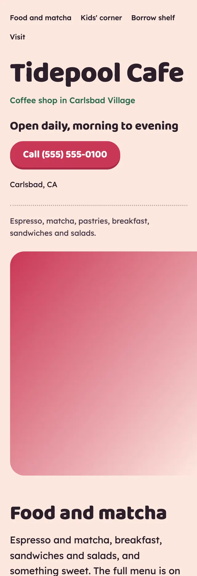 Full homepage of the family cafe concept on a phone