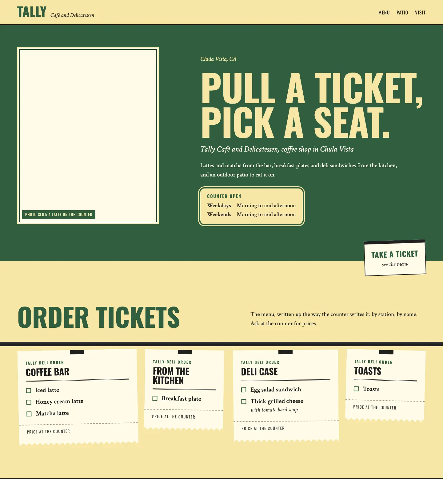 Full homepage of the cafe and deli concept at desktop width