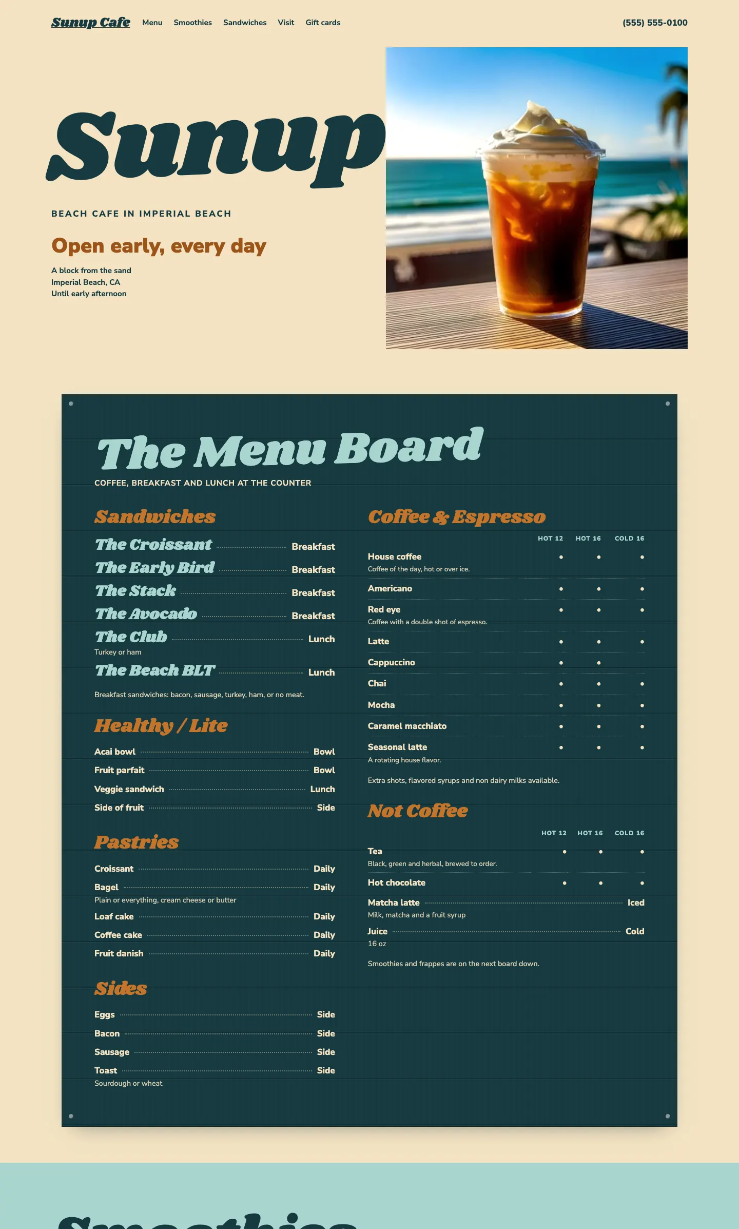 Full homepage of the beach cafe concept at desktop width