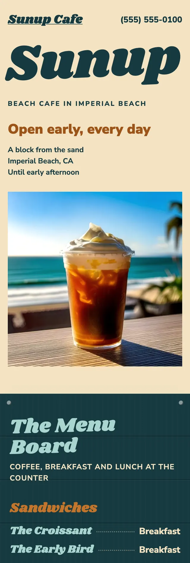 Full homepage of the beach cafe concept on a phone