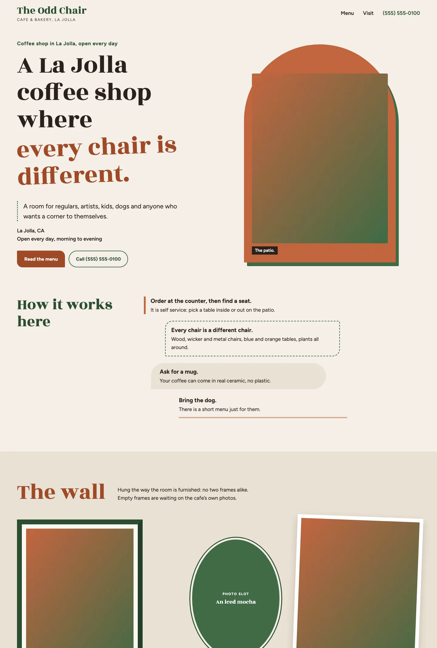 Full homepage of the cafe and bakery concept at desktop width