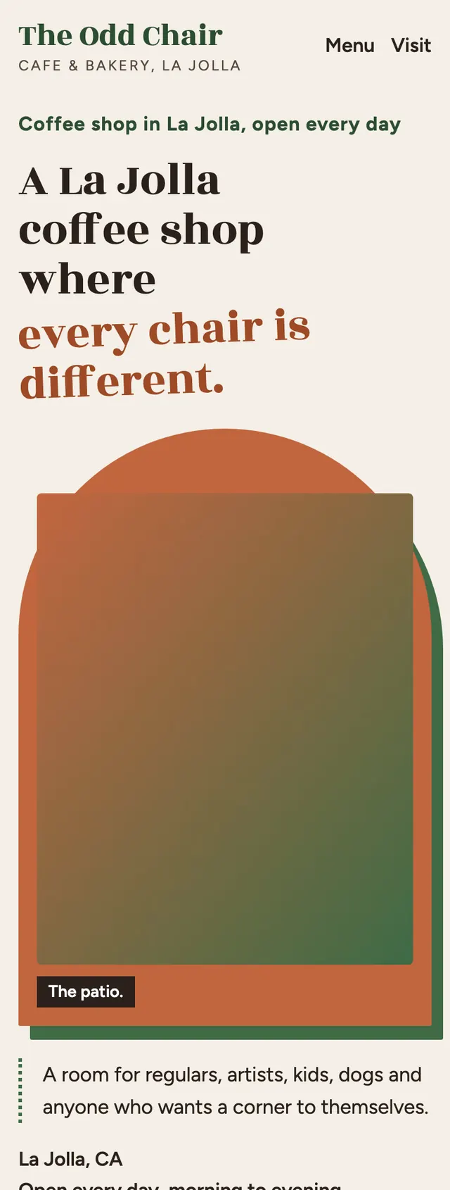 Full homepage of the cafe and bakery concept on a phone