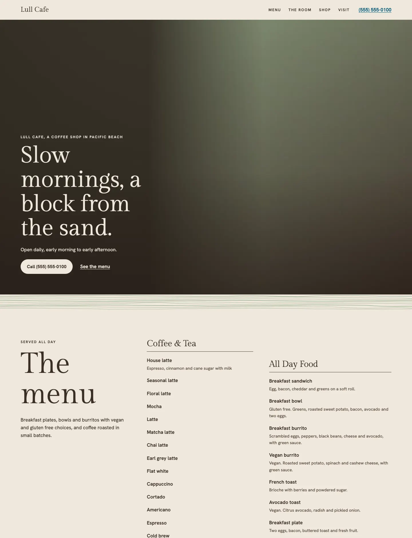 Full homepage of the breakfast cafe concept at desktop width