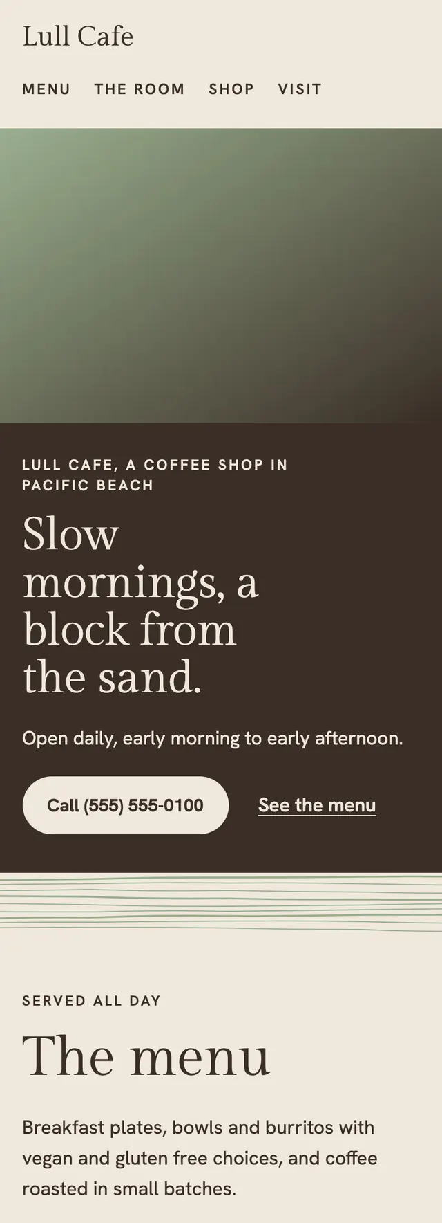 Full homepage of the breakfast cafe concept on a phone
