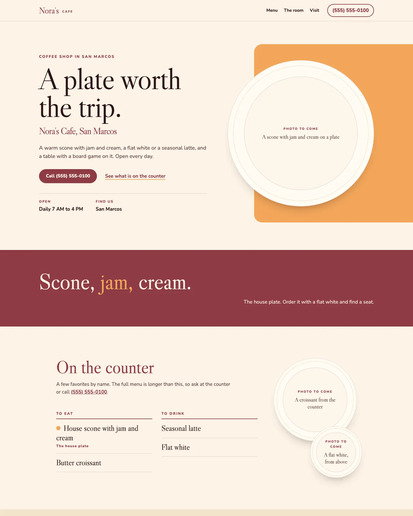 Full homepage of the cafe concept at desktop width