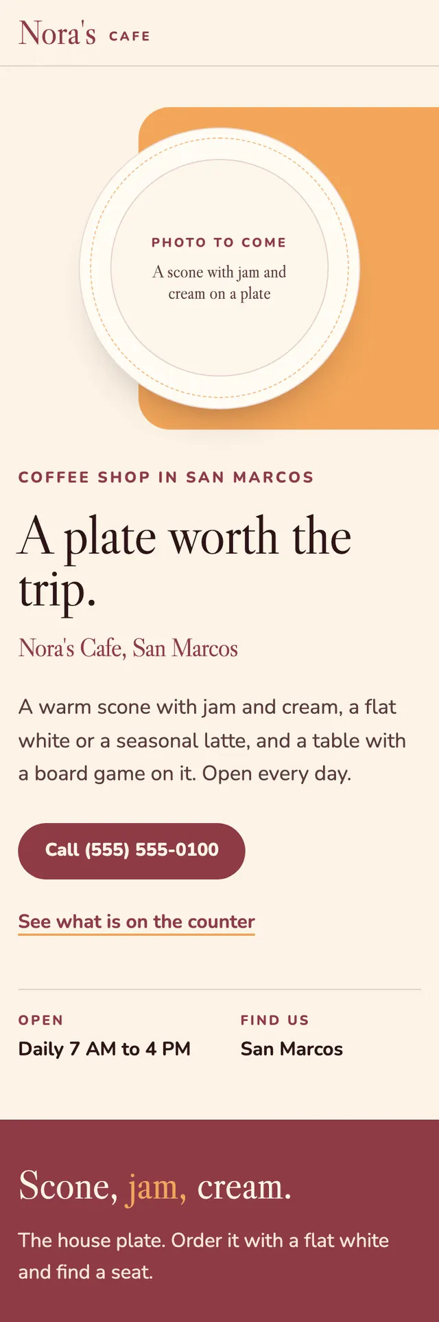 Full homepage of the cafe concept on a phone