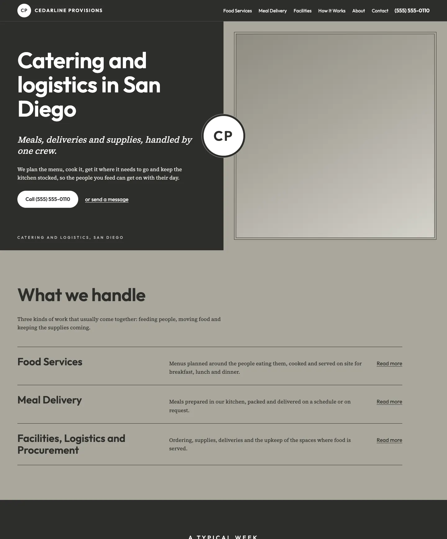Full homepage of the catering and logistics concept at desktop width