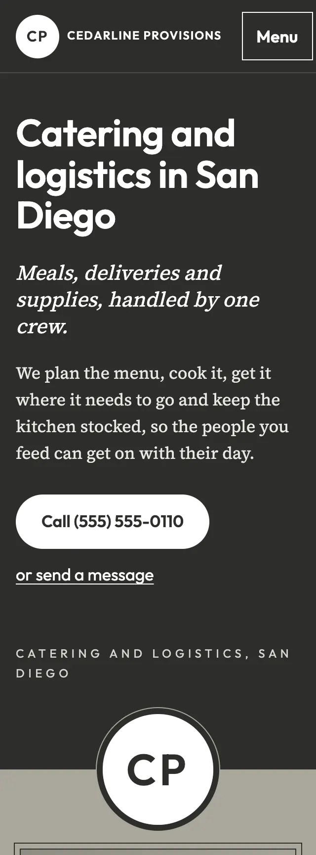 Full homepage of the catering and logistics concept on a phone