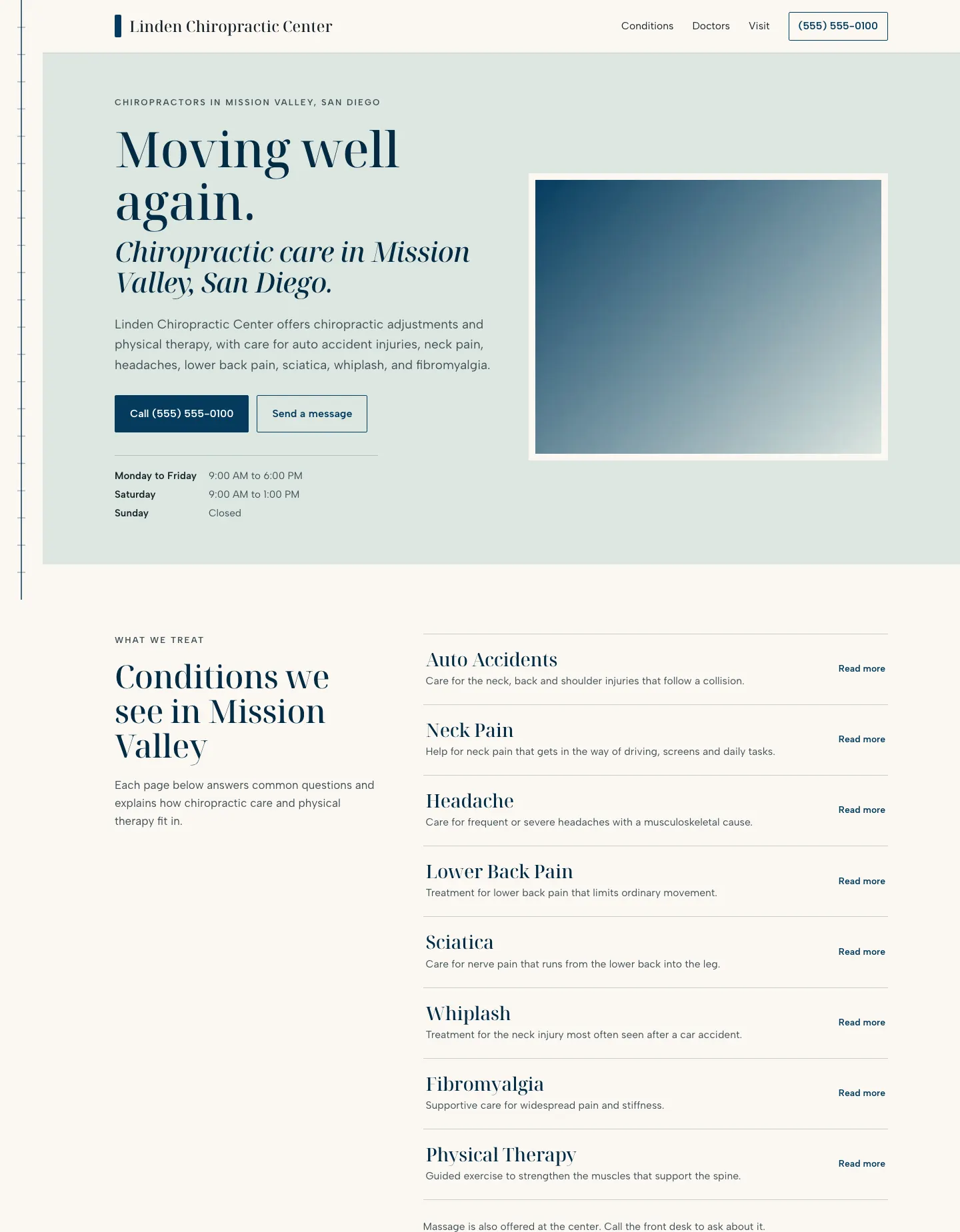 Full homepage of the chiropractor concept at desktop width