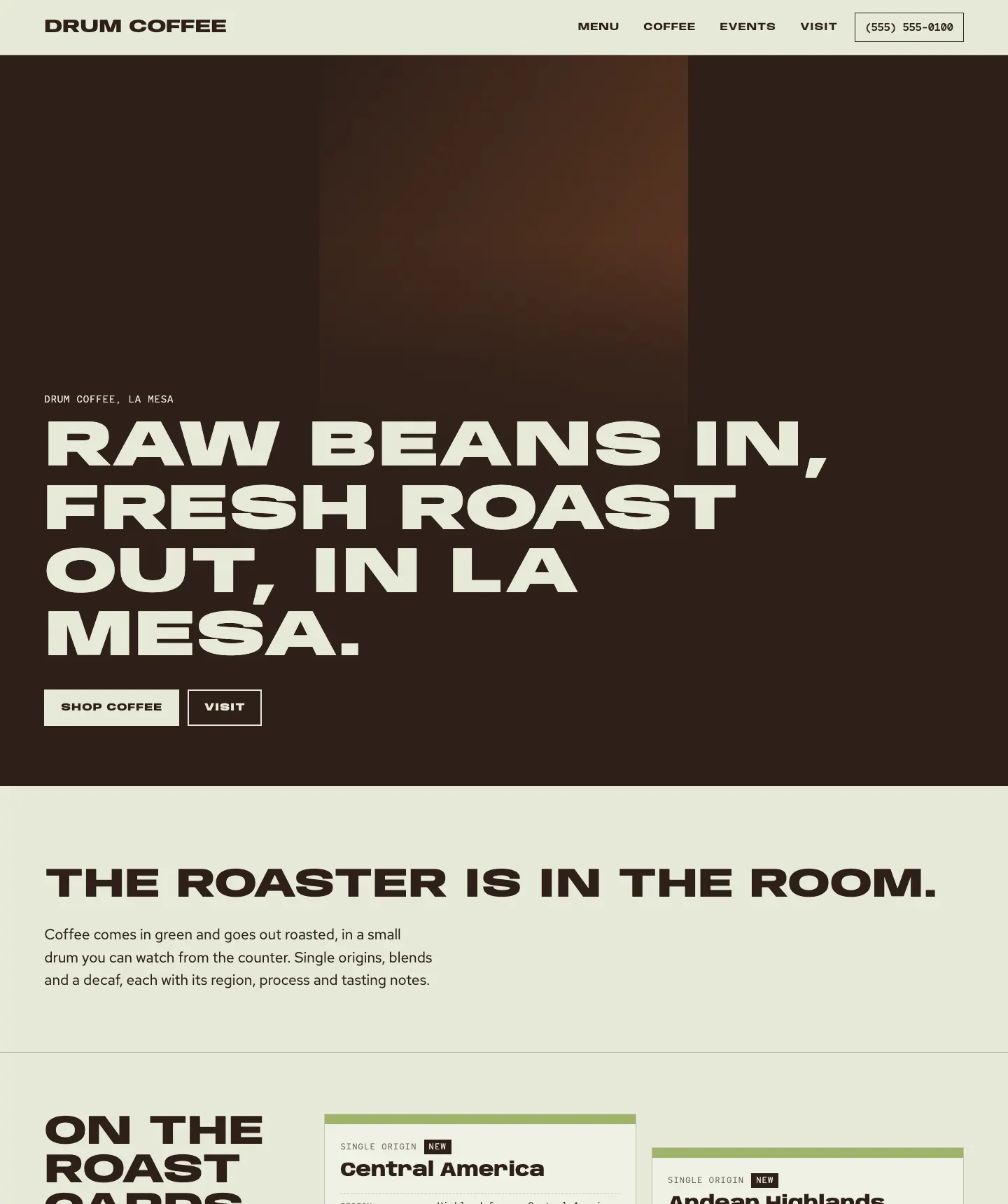 Full homepage of the coffee roaster concept at desktop width