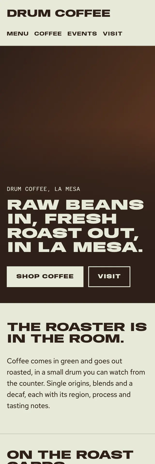Full homepage of the coffee roaster concept on a phone