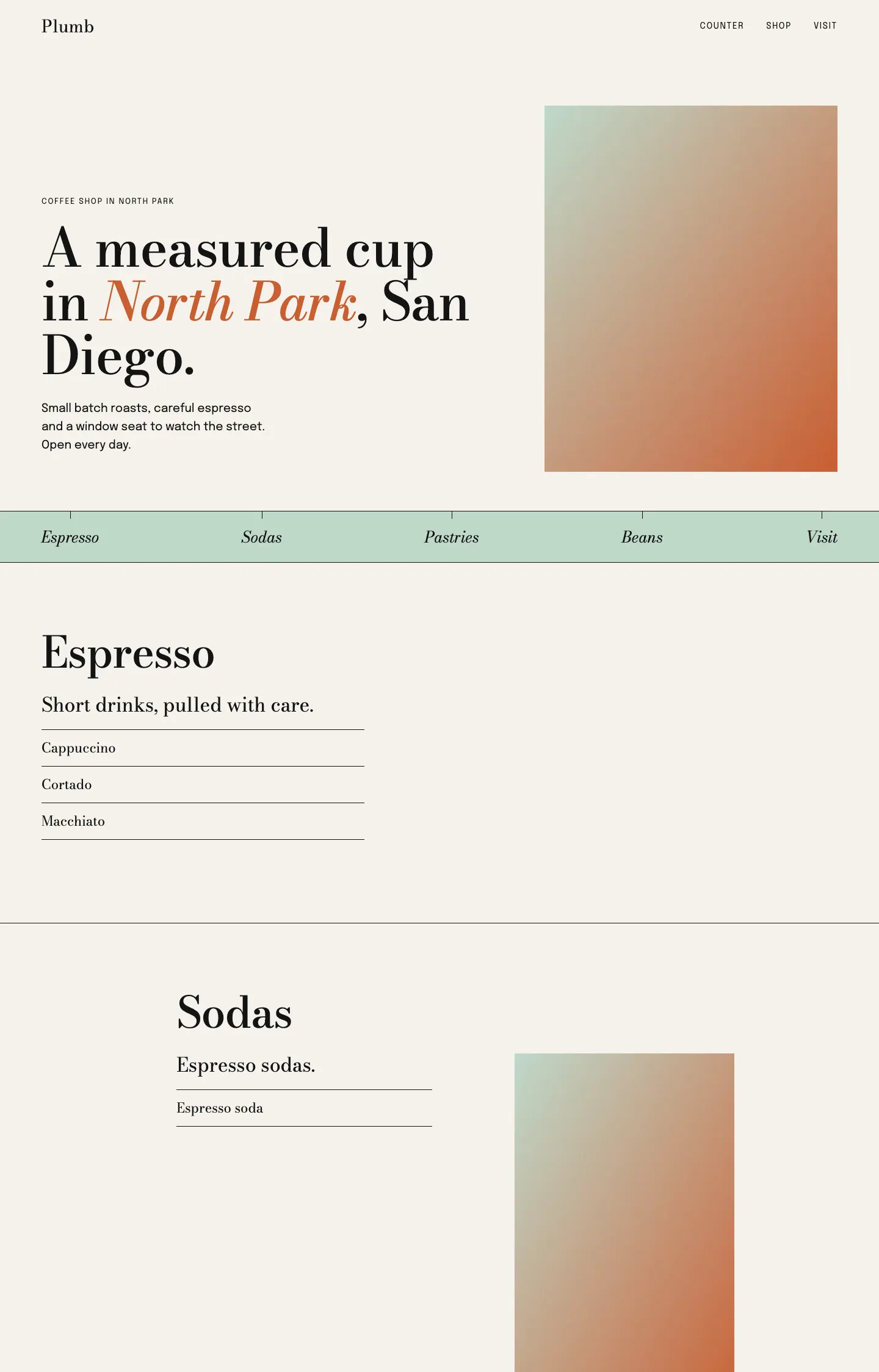 Full homepage of the coffee roaster concept at desktop width