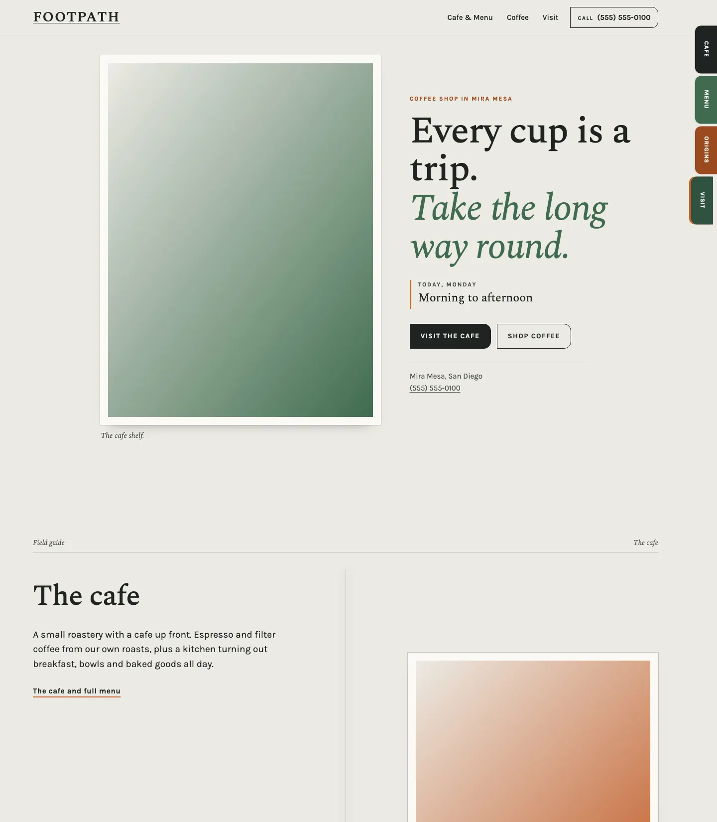 Full homepage of the coffee roaster and cafe concept at desktop width