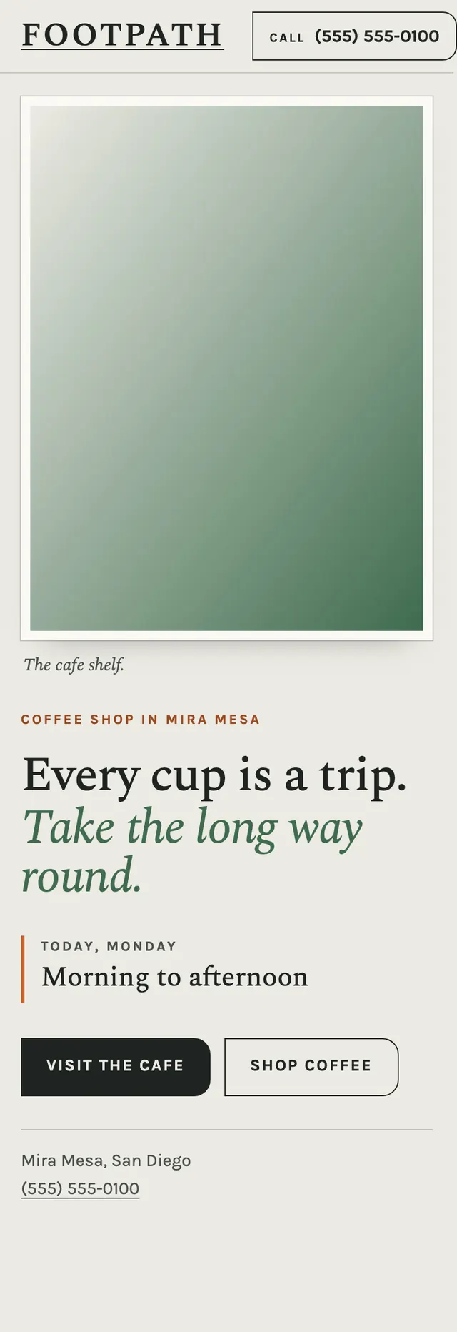 Full homepage of the coffee roaster and cafe concept on a phone
