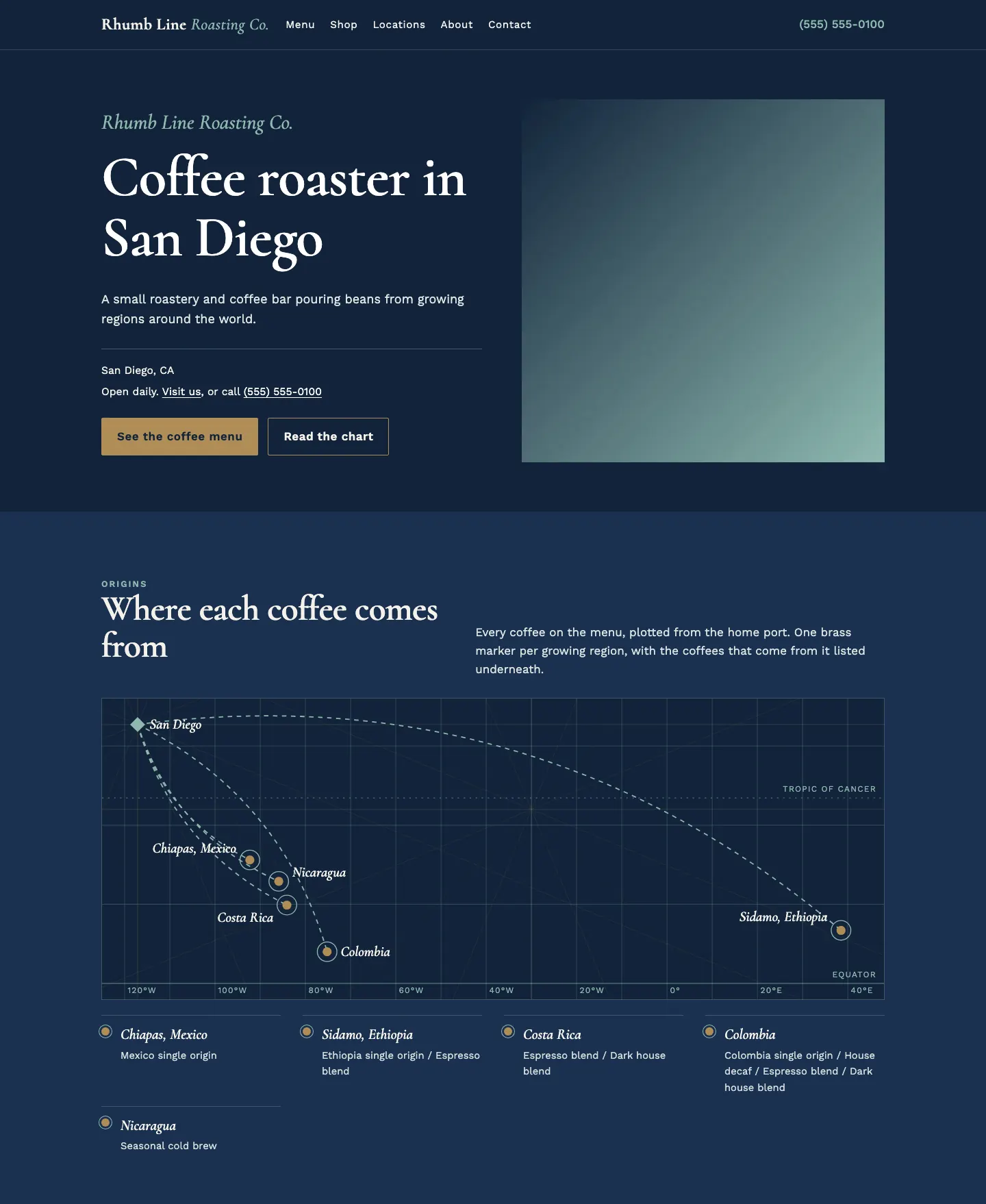 Full homepage of the coffee roaster concept at desktop width