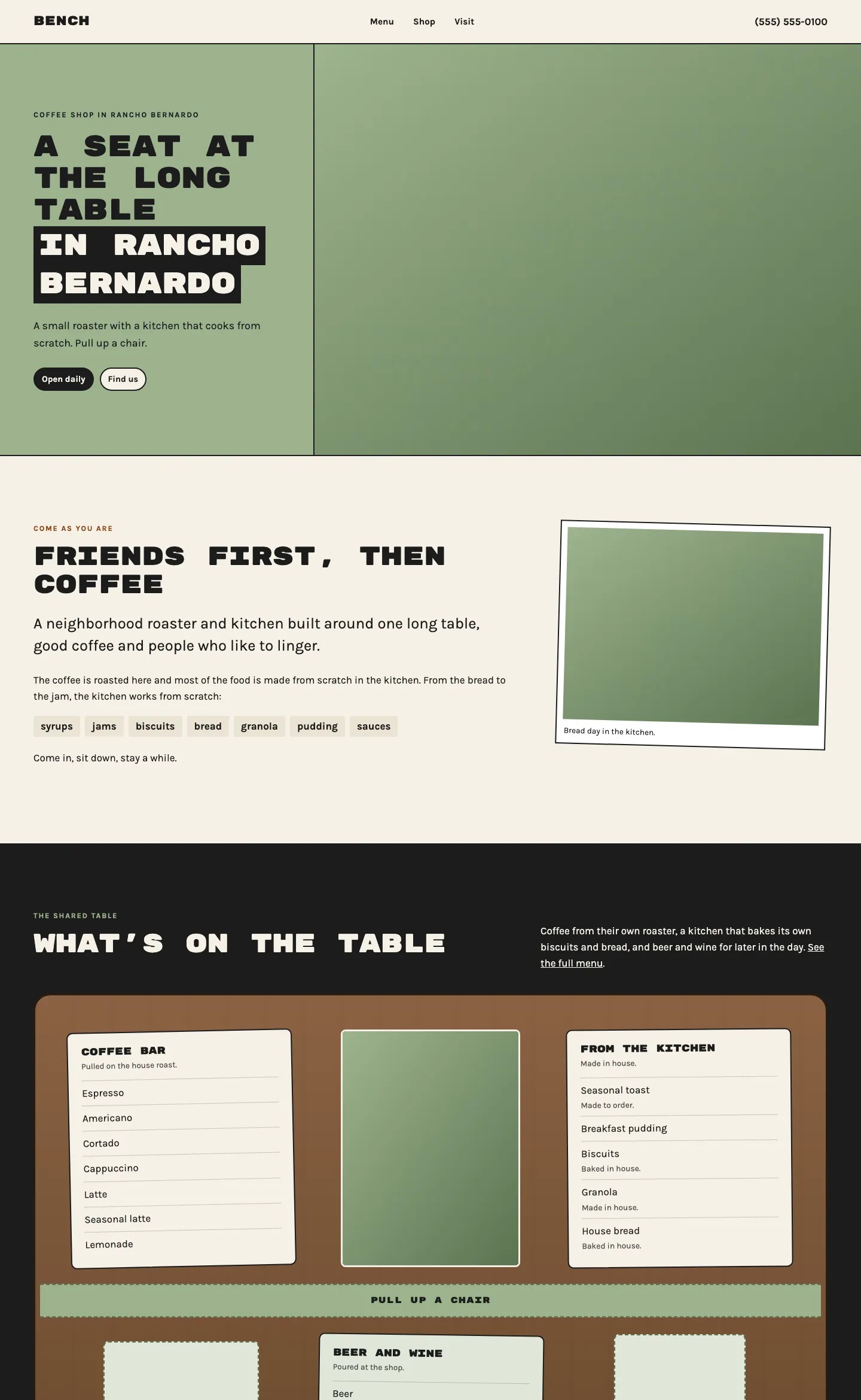 Full homepage of the coffee roaster and kitchen concept at desktop width