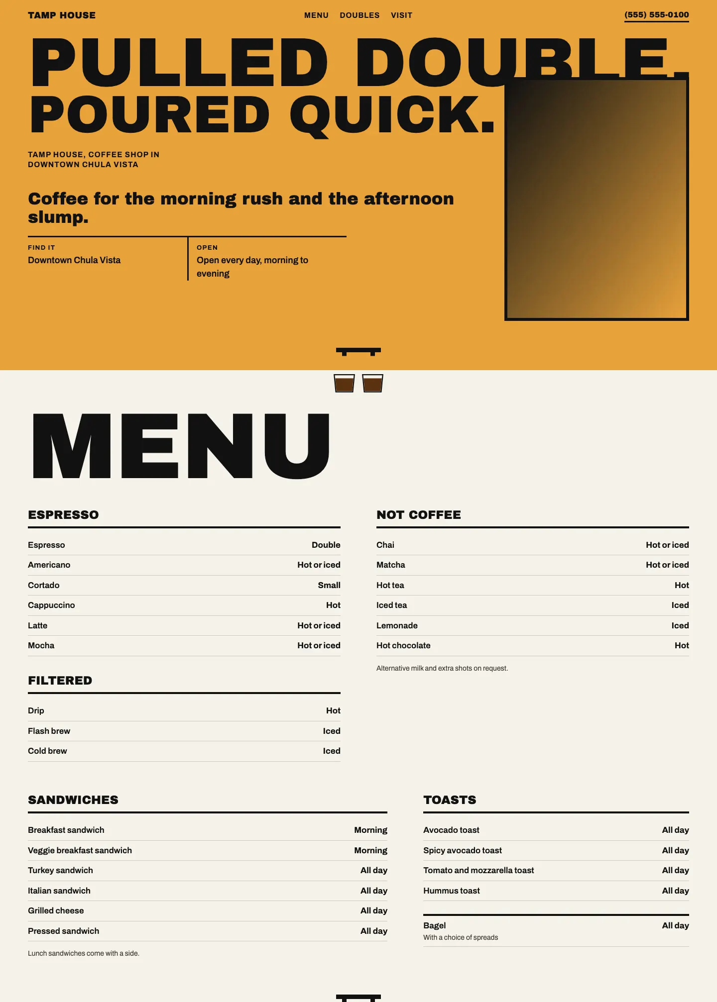 Full homepage of the coffee shop concept at desktop width