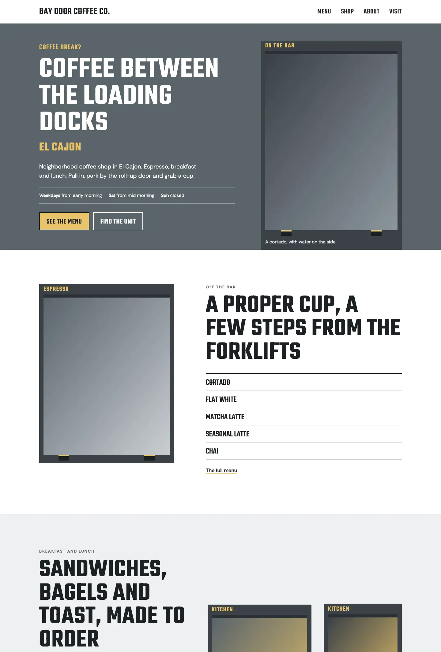 Full homepage of the coffee shop concept at desktop width