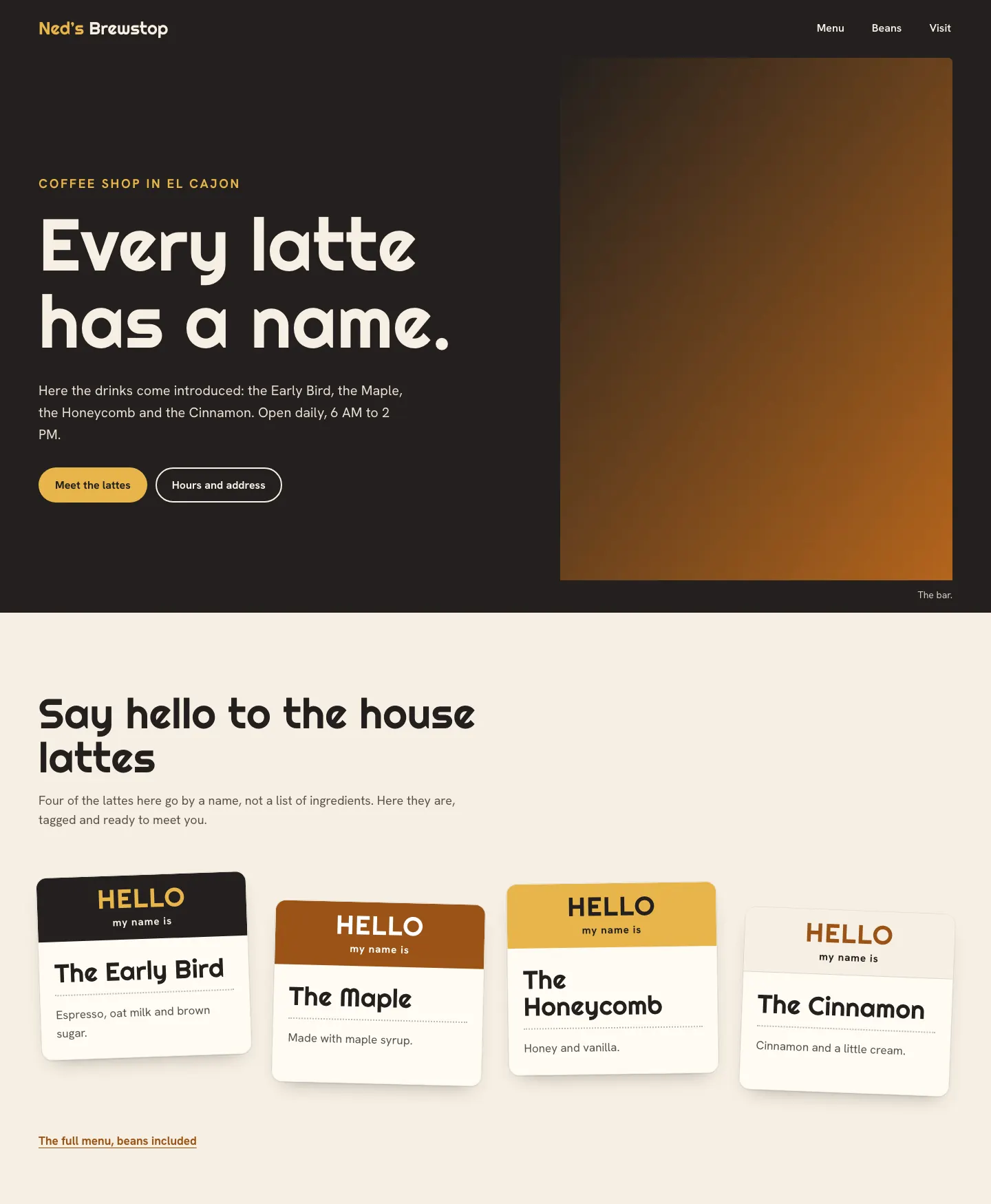 Full homepage of the coffee shop concept at desktop width