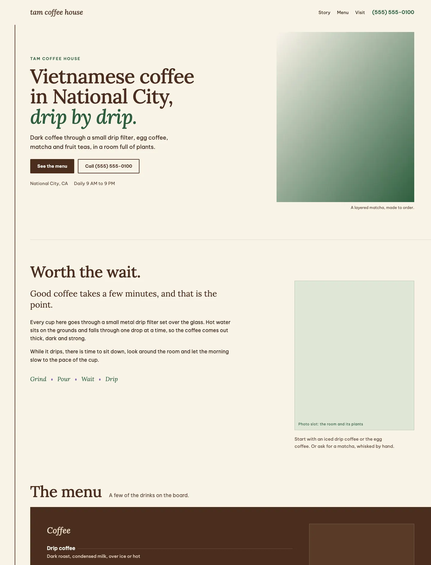 Full homepage of the coffee shop concept at desktop width