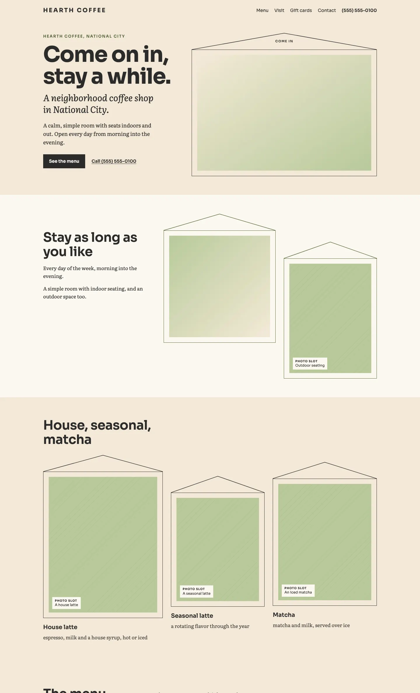Full homepage of the coffee shop concept at desktop width