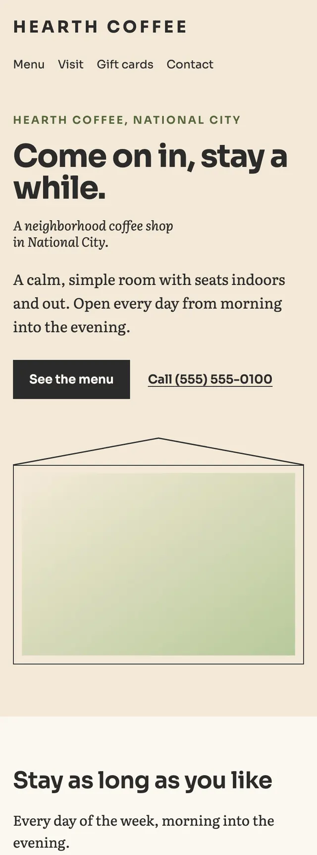 Full homepage of the coffee shop concept on a phone
