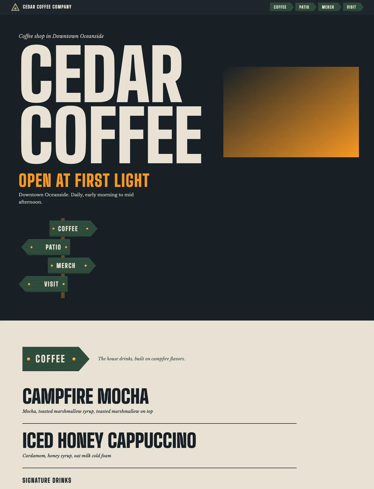 Full homepage of the coffee shop concept at desktop width