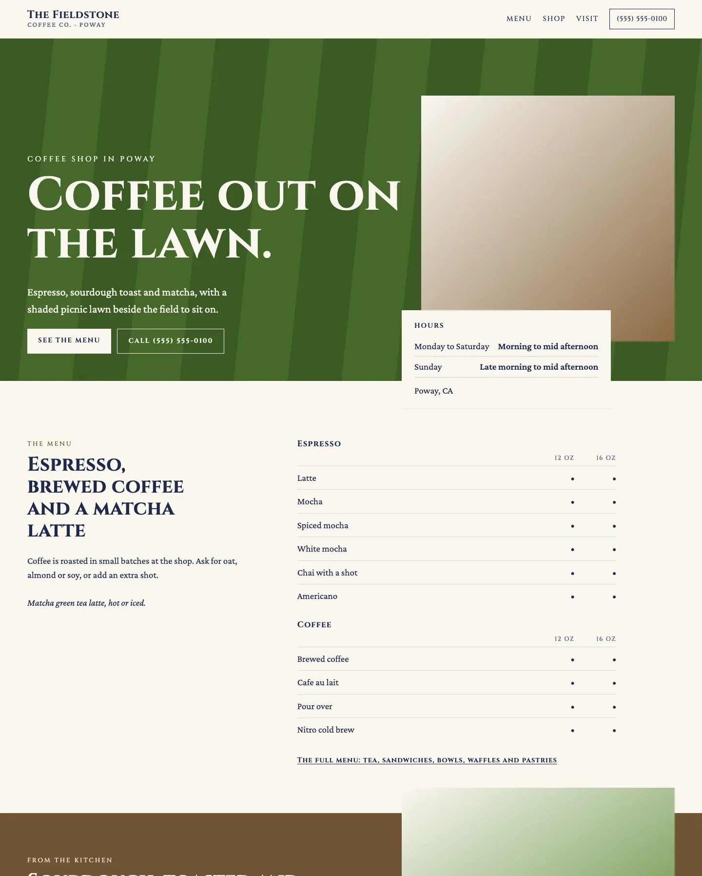 Full homepage of the coffee shop concept at desktop width