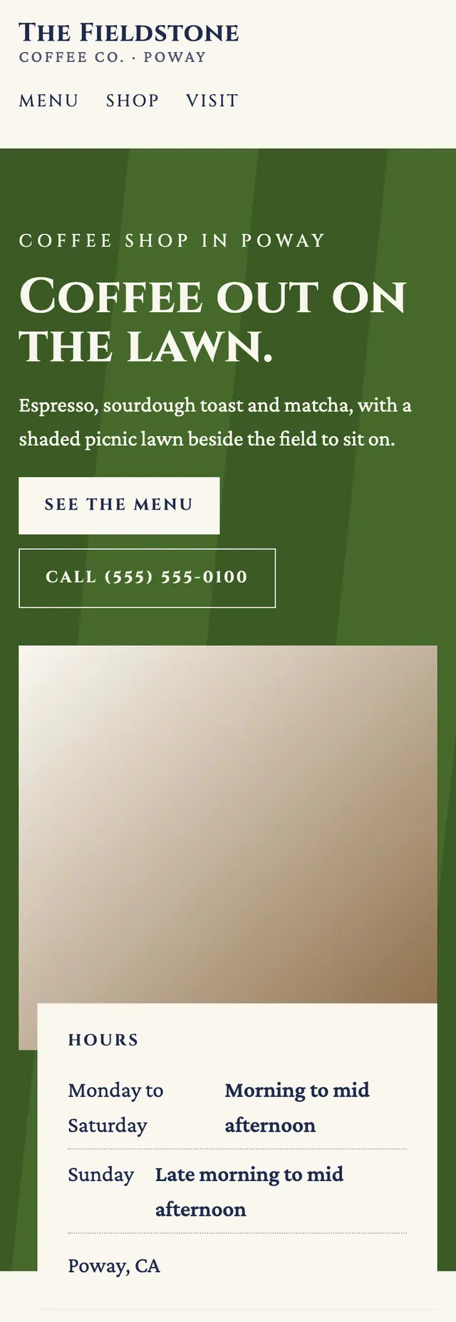 Full homepage of the coffee shop concept on a phone