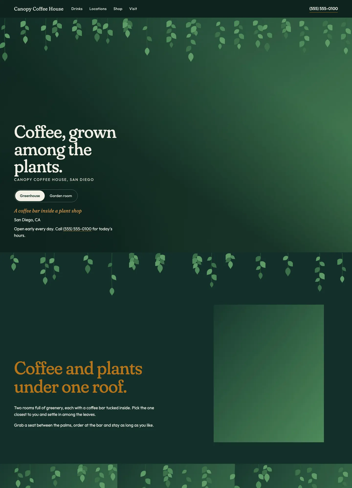 Full homepage of the coffee shop concept at desktop width