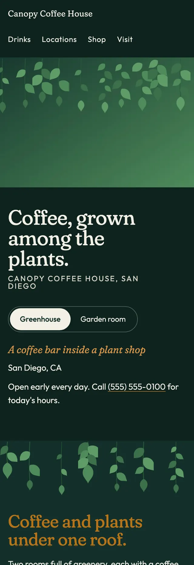 Full homepage of the coffee shop concept on a phone