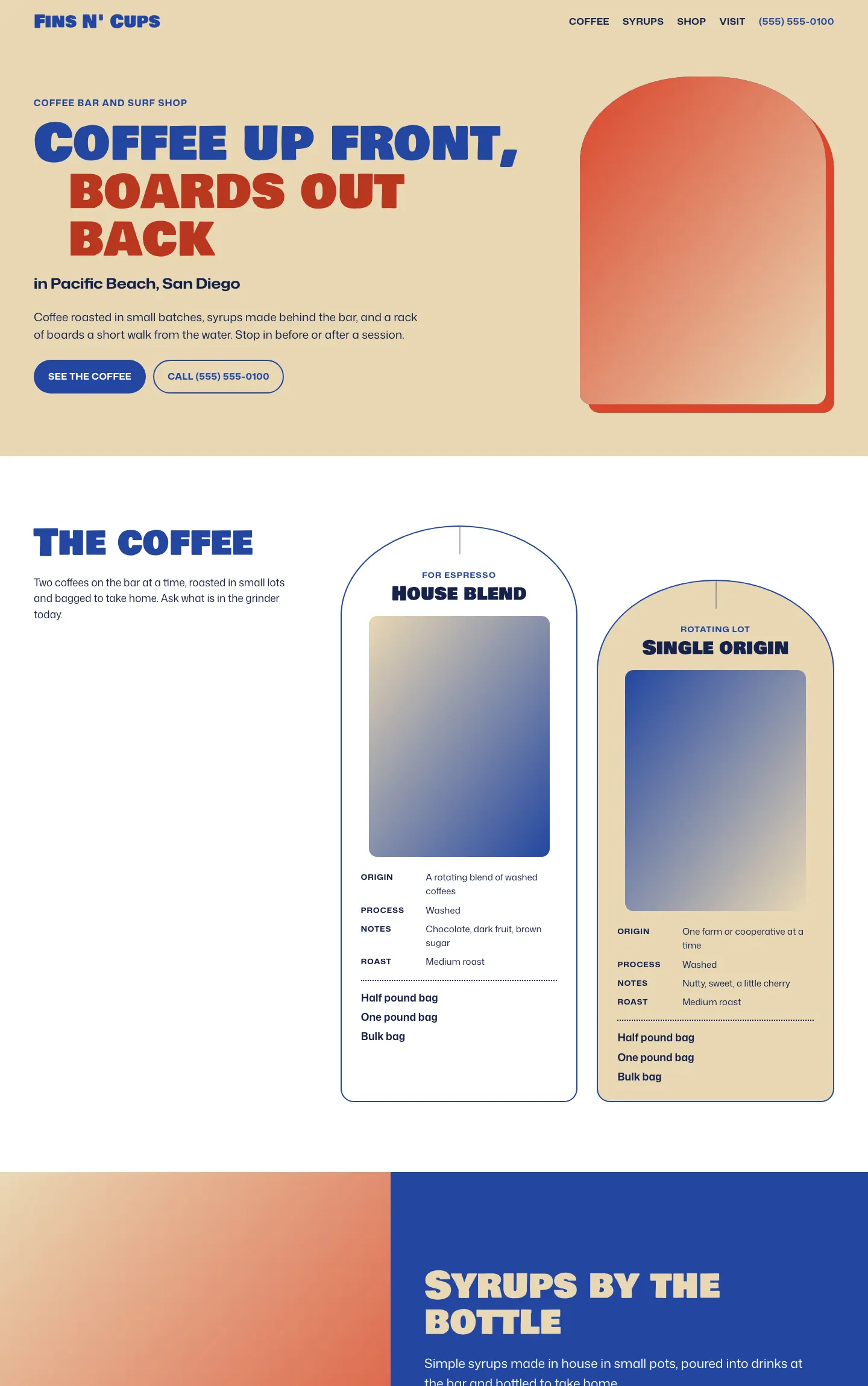 Full homepage of the coffee and surf shop concept at desktop width