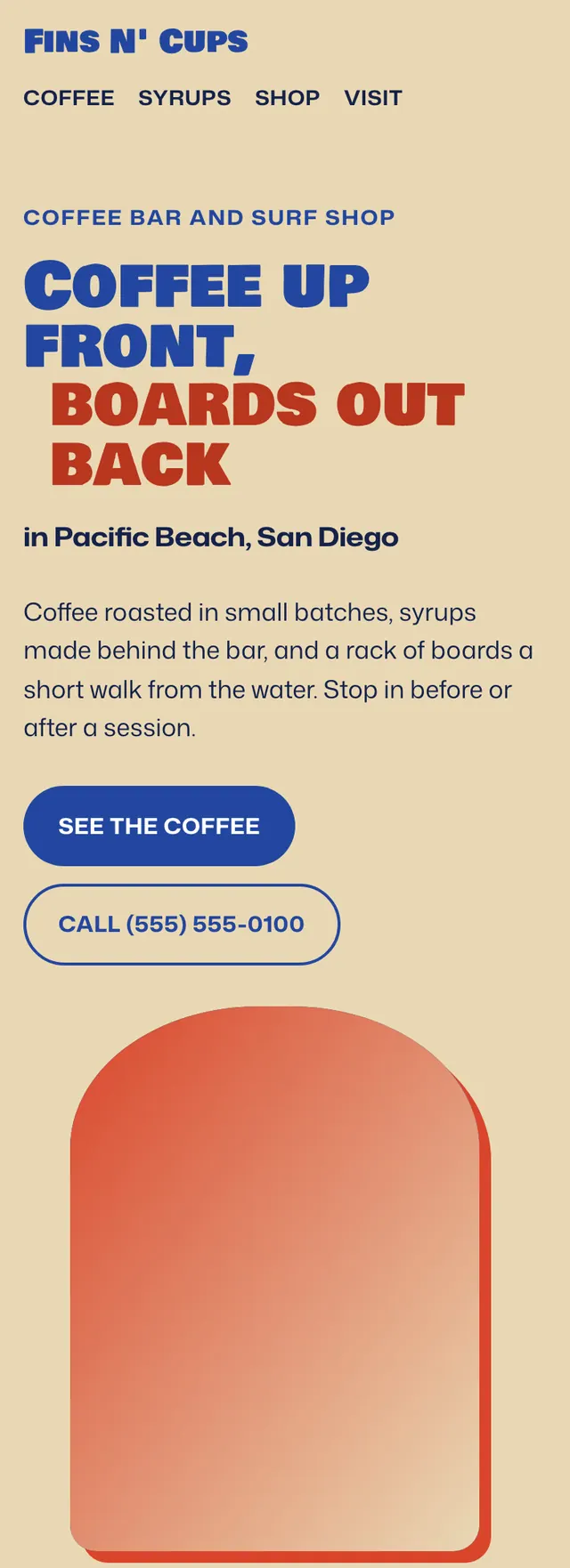 Full homepage of the coffee and surf shop concept on a phone