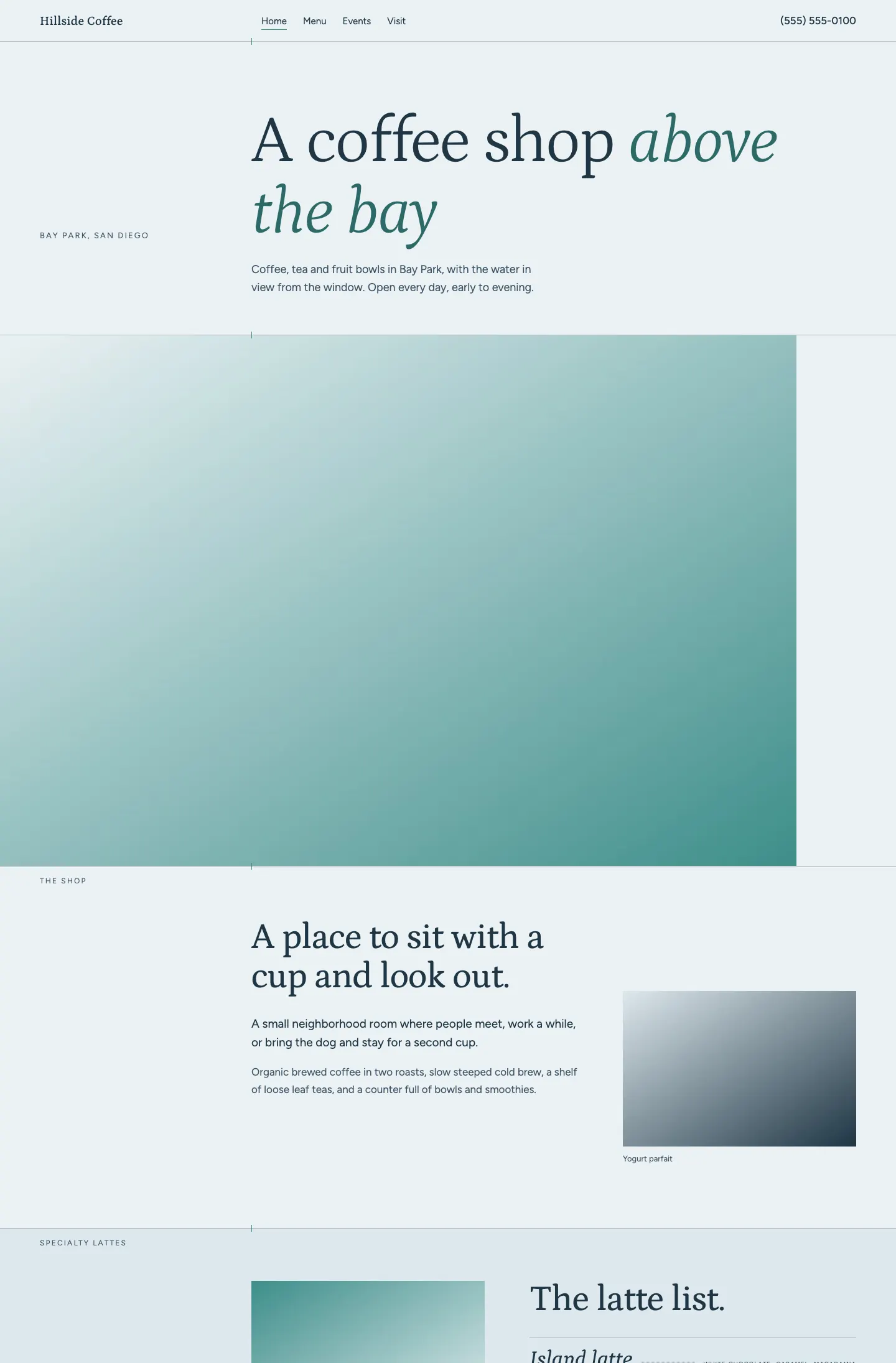 Full homepage of the coffee shop concept at desktop width