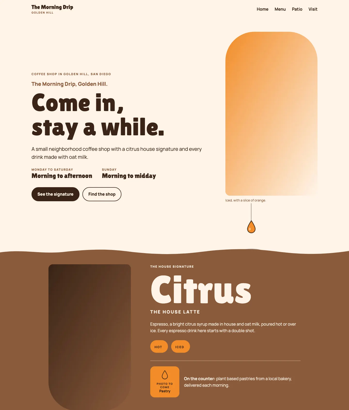 Full homepage of the coffee shop concept at desktop width