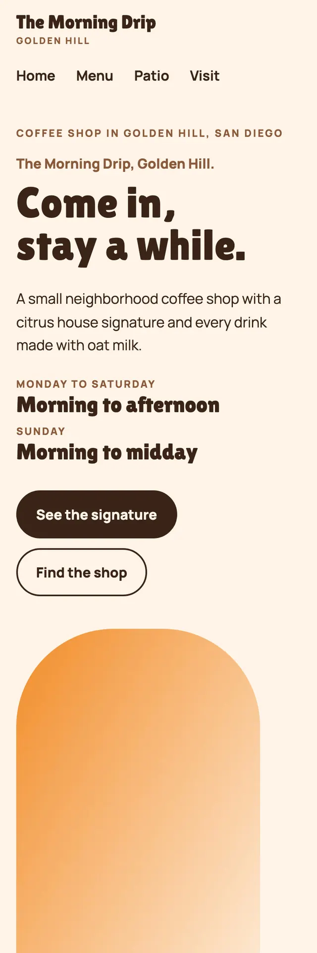 Full homepage of the coffee shop concept on a phone