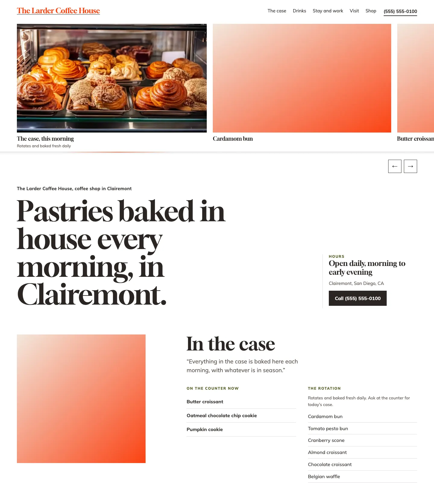 Full homepage of the coffee shop and bakery concept at desktop width