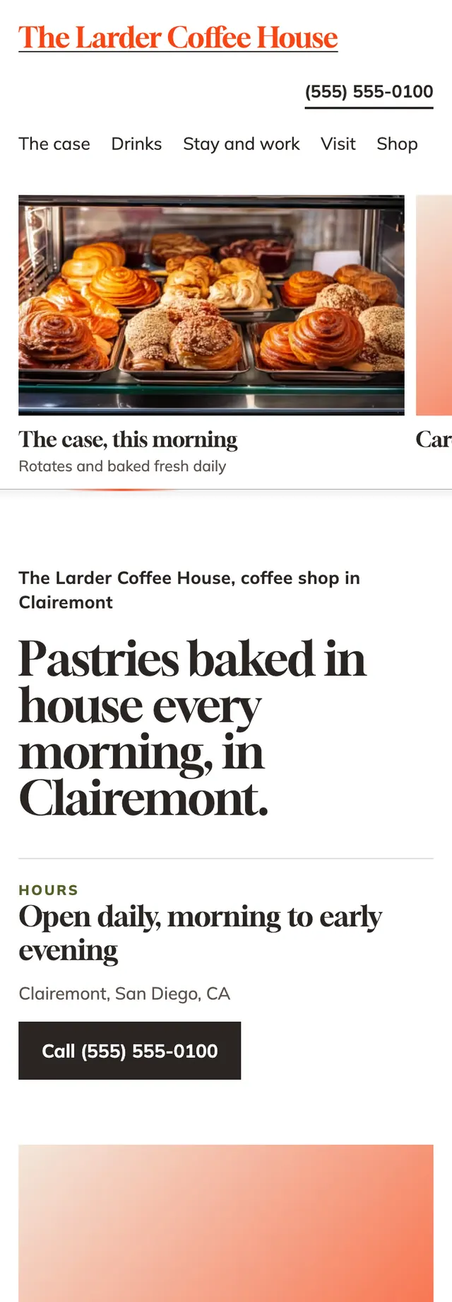 Full homepage of the coffee shop and bakery concept on a phone