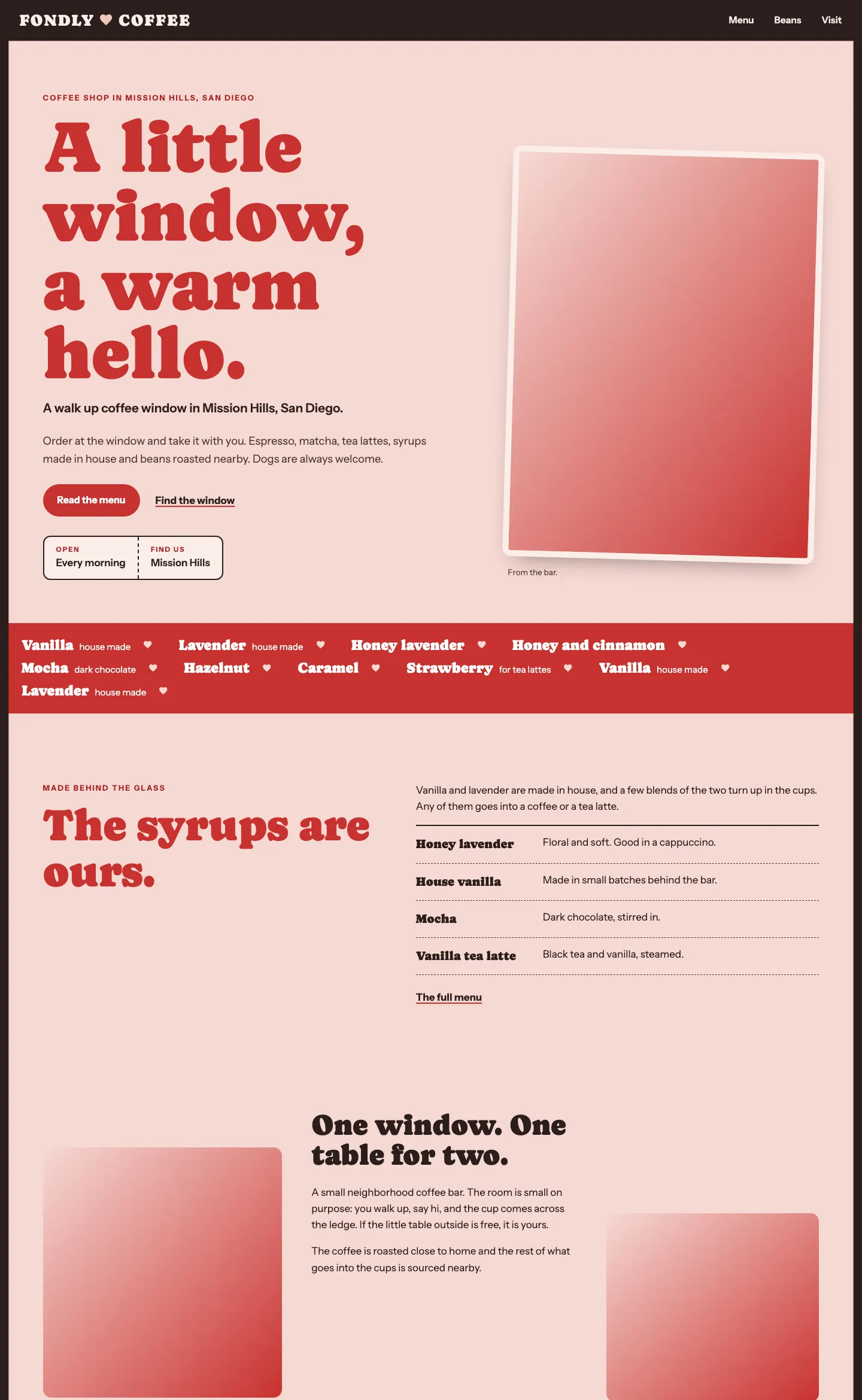 Full homepage of the coffee shop concept at desktop width