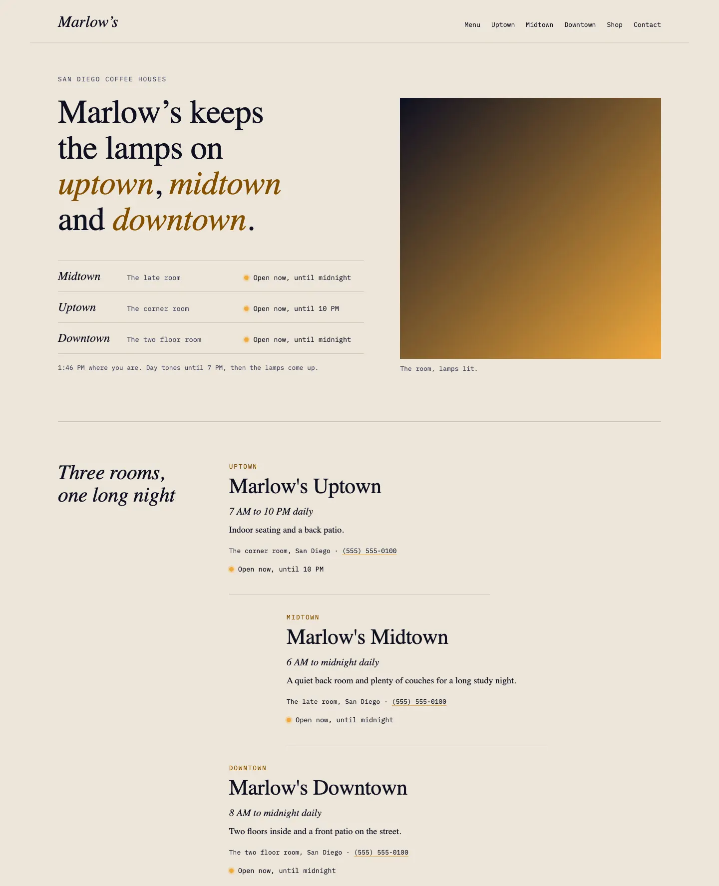 Full homepage of the coffee shop concept at desktop width