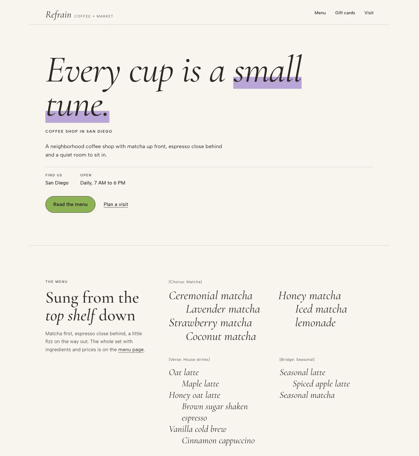 Full homepage of the coffee shop concept at desktop width