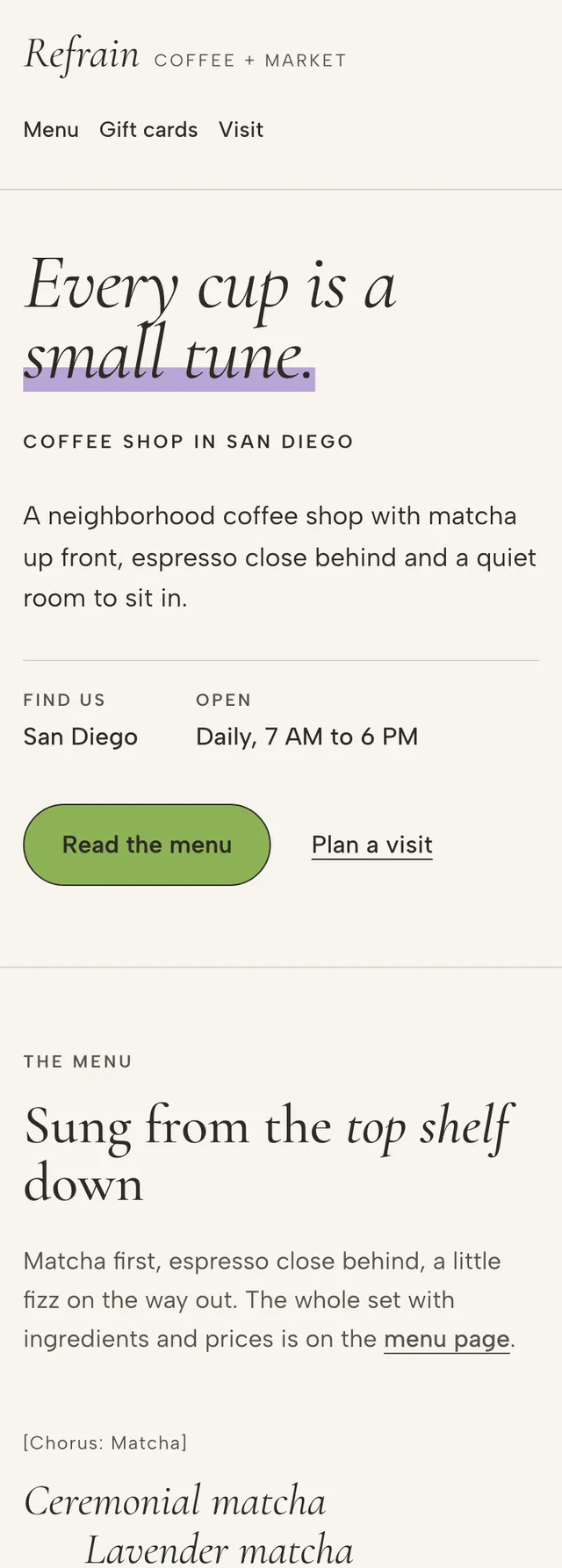 Full homepage of the coffee shop concept on a phone