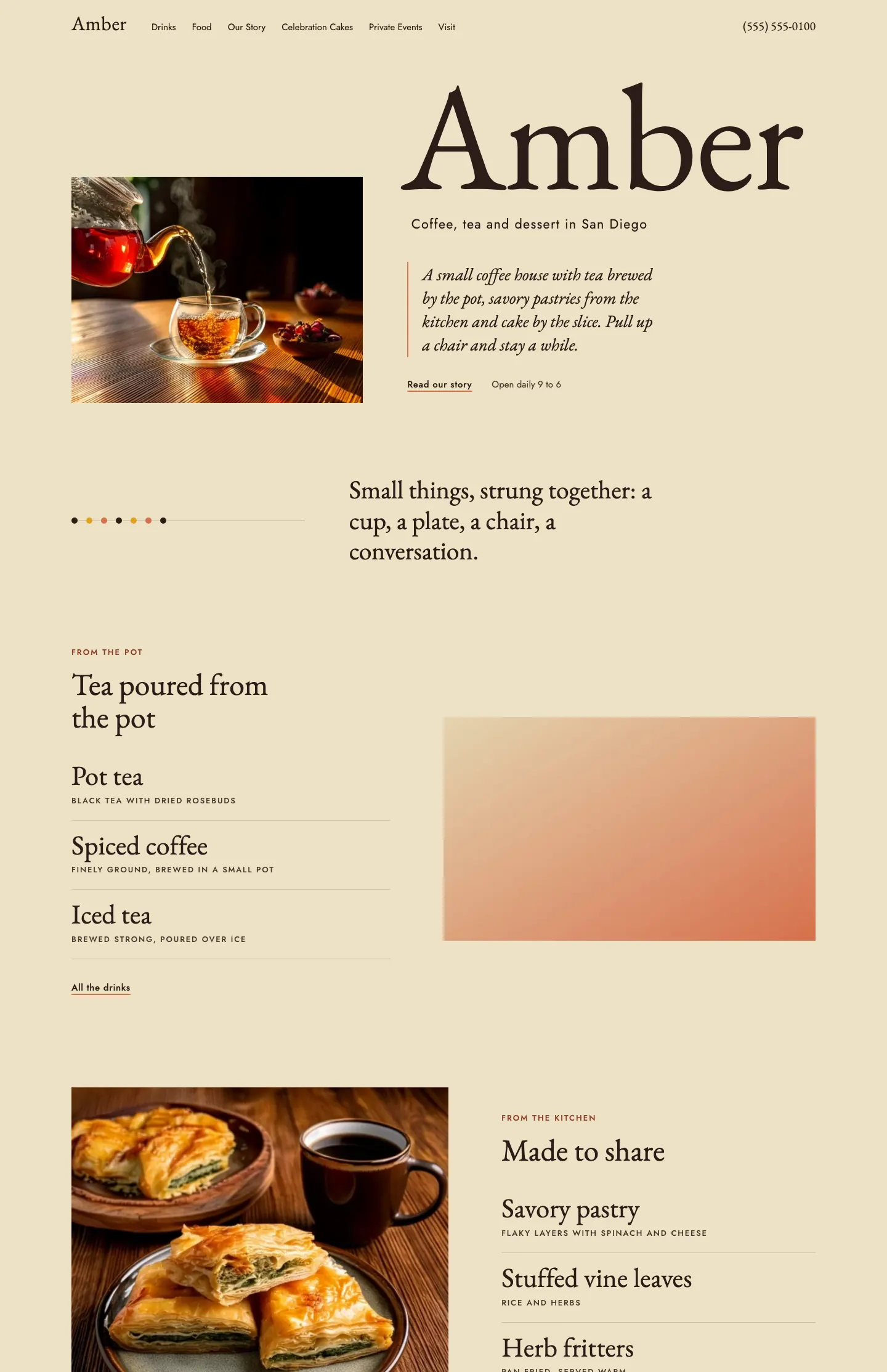 Full homepage of the coffee and dessert shop concept at desktop width