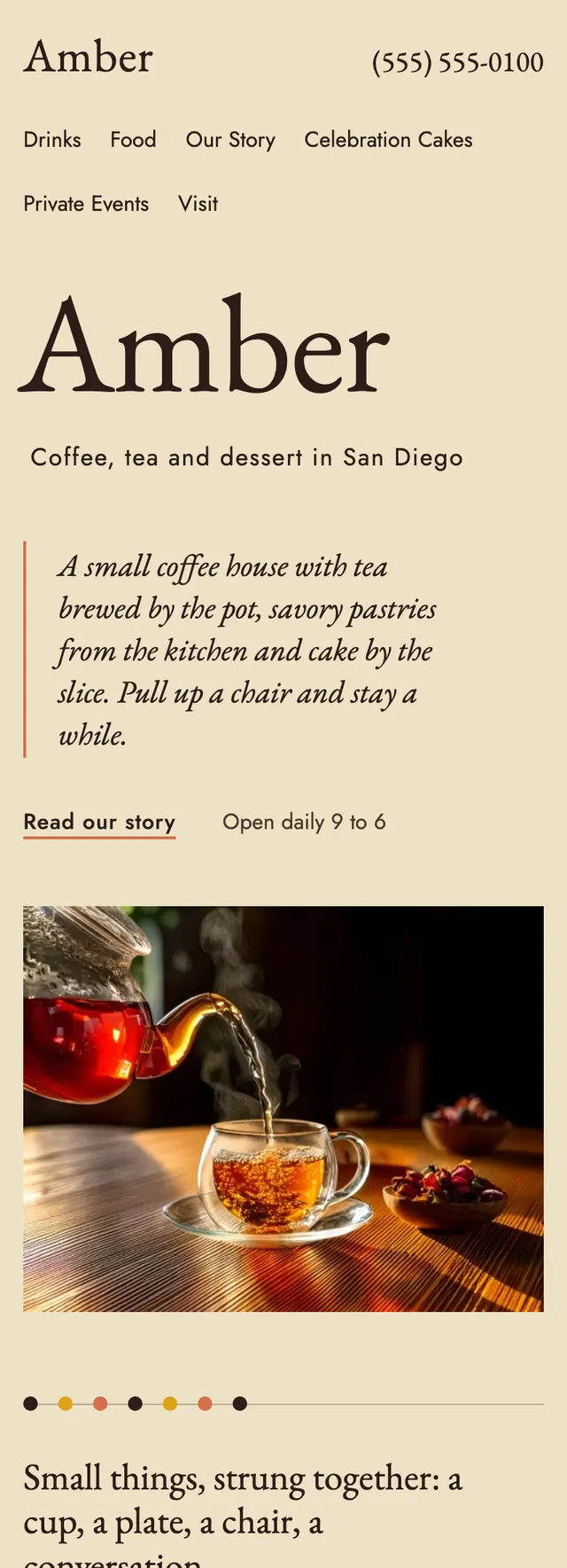 Full homepage of the coffee and dessert shop concept on a phone