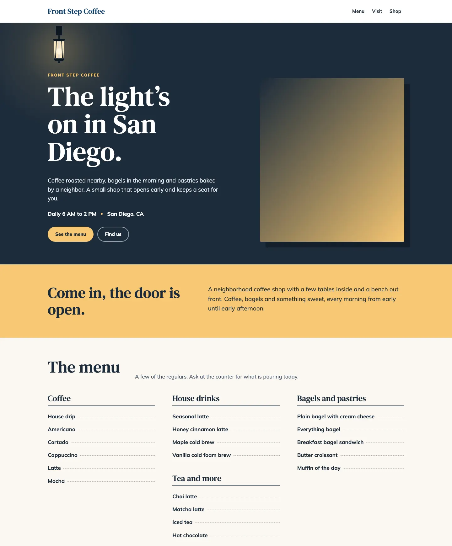 Full homepage of the coffee shop concept at desktop width