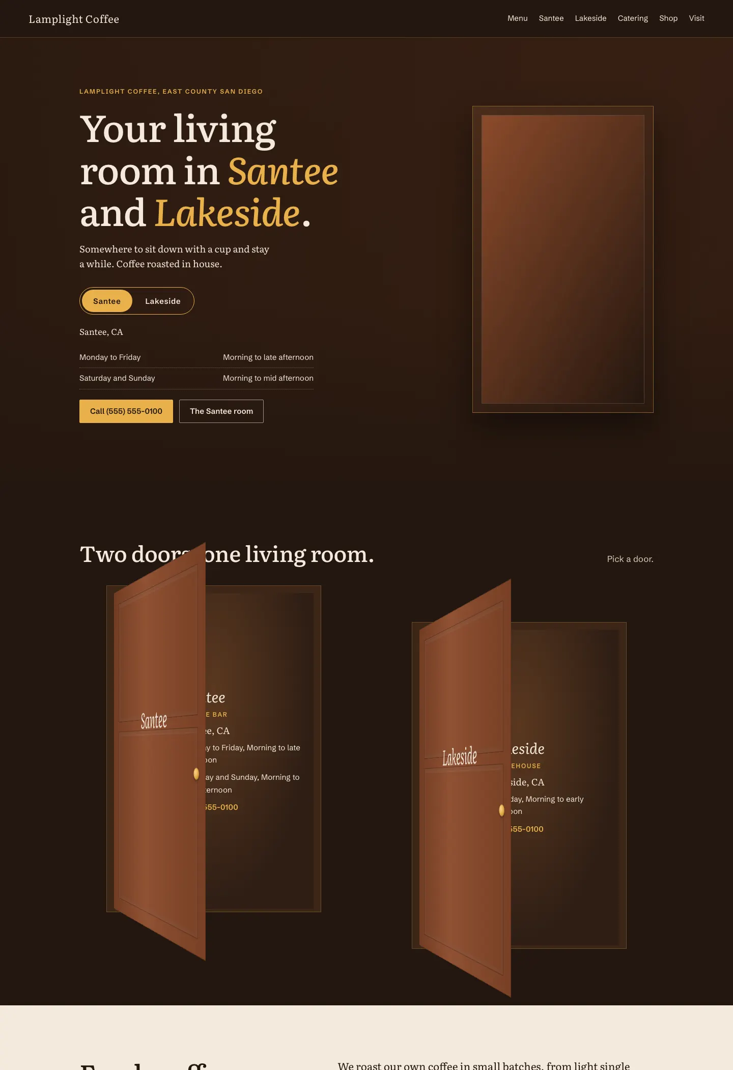 Full homepage of the coffee shop concept at desktop width
