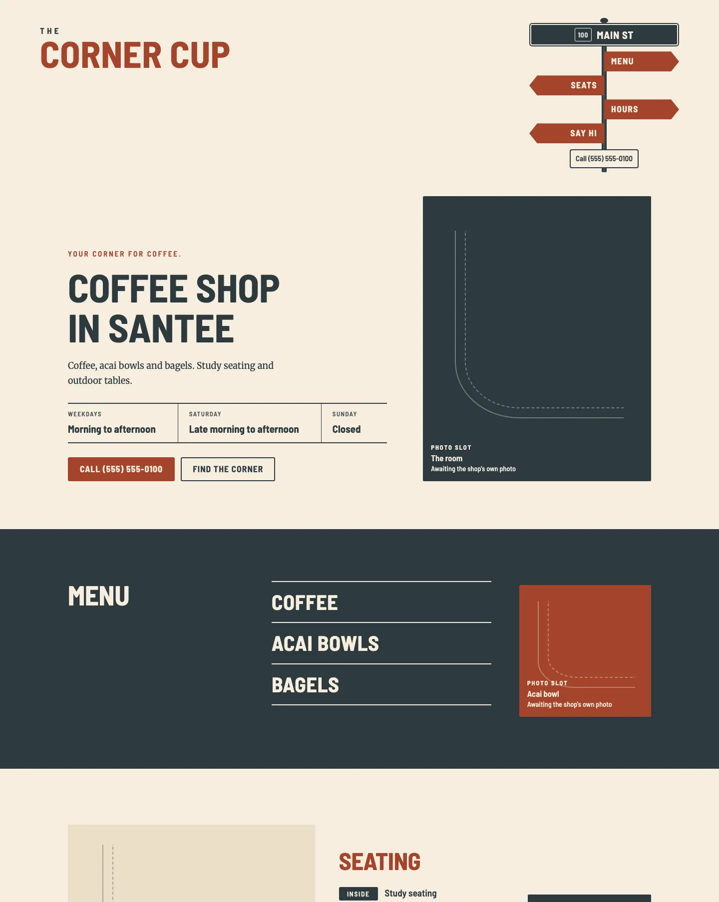 Full homepage of the coffee shop concept at desktop width