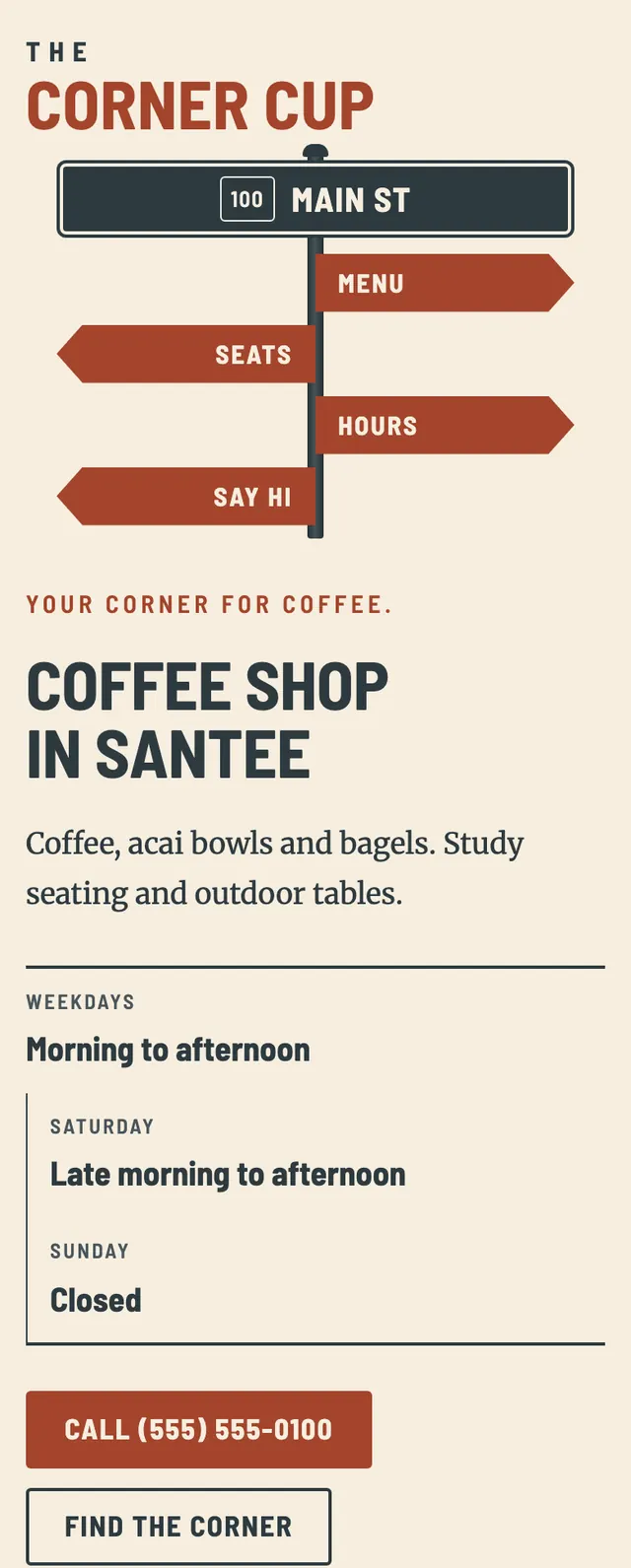Full homepage of the coffee shop concept on a phone
